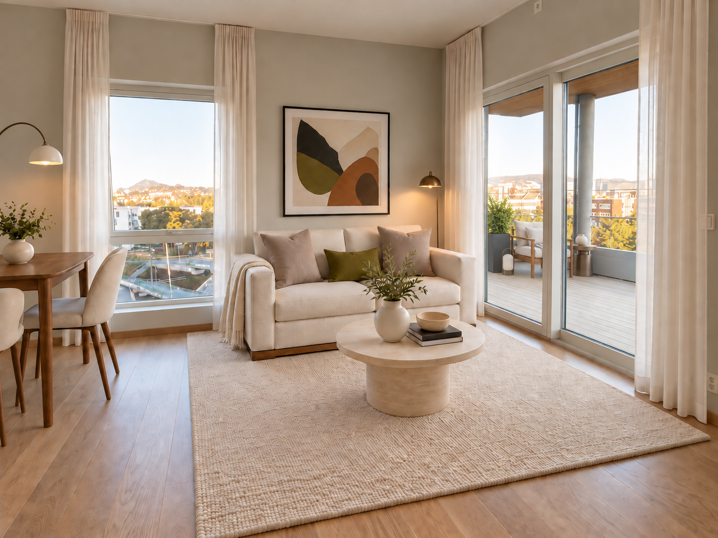 Digitalt møblert stue med lys sofa, spiseplass, moderne kunst og lange gardiner
